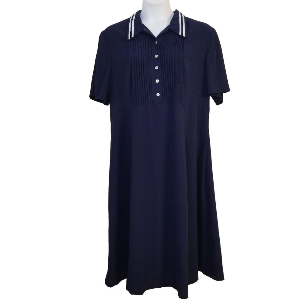 Kathie Lee Plus‎ Size Navy Blue Smocked Dress Sailor Nautical Modest Church Home